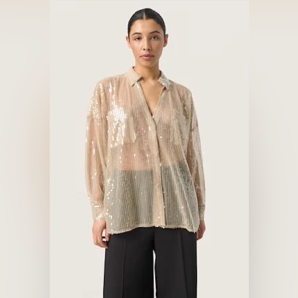New Arrivals Shimmering Beige Sequin Button Down Shirt